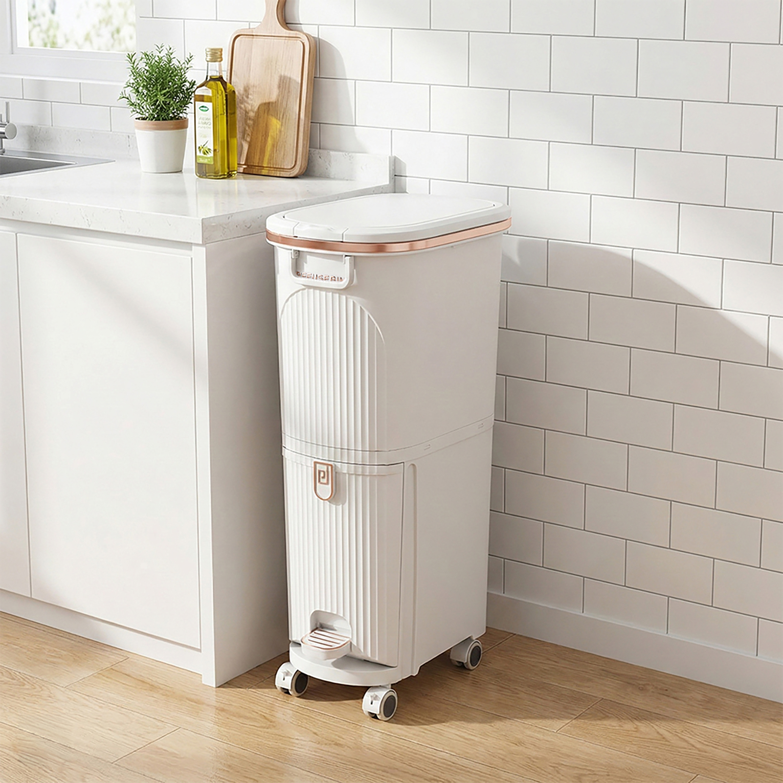 Pedal Operated Plastic Waste Bin Large Capacity Kitchen Rubbish Bin with Wheels and Inner Bucket