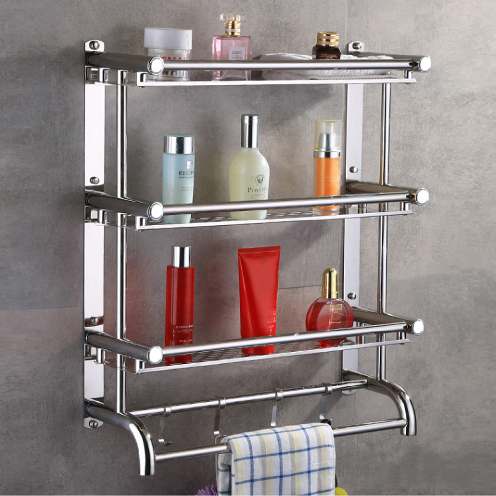 40×15.5×56.5cm 3 Tier Stainless Steel Wall Mount Bathroom Towel Shelf No Drill Installation Hollow Drain Mesh Rack with Towel Rod & Hanging Hooks